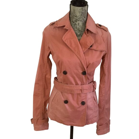 ABERCROMBIE & FITCH Women Coral Trench Jacket Belted Cotton Double Breasted M - Picture 1 of 13